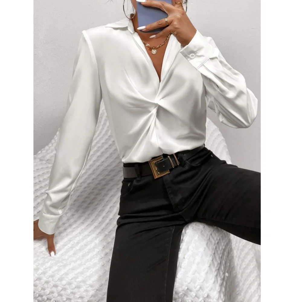 Twist Front White Office Shirt Long Sleeve Collar Neckline V-Neck - Picture 5 of 10